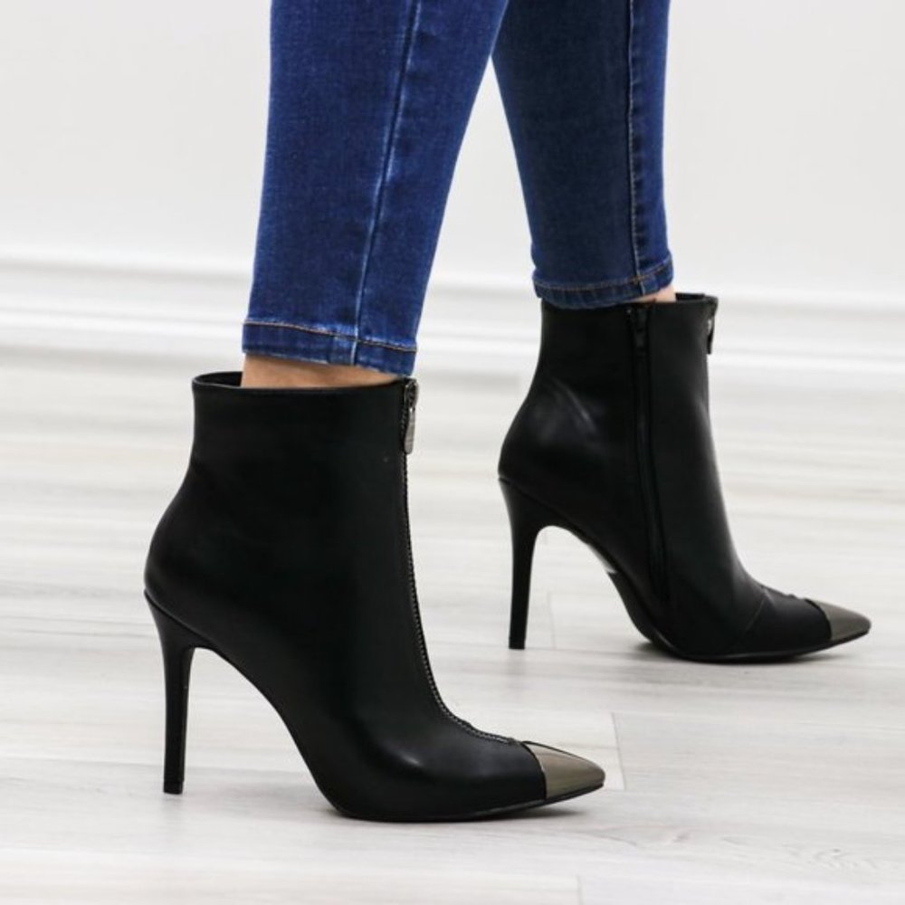 Pointy Toe Ankle Black Boots Faux Leather - Picture 6 of 14